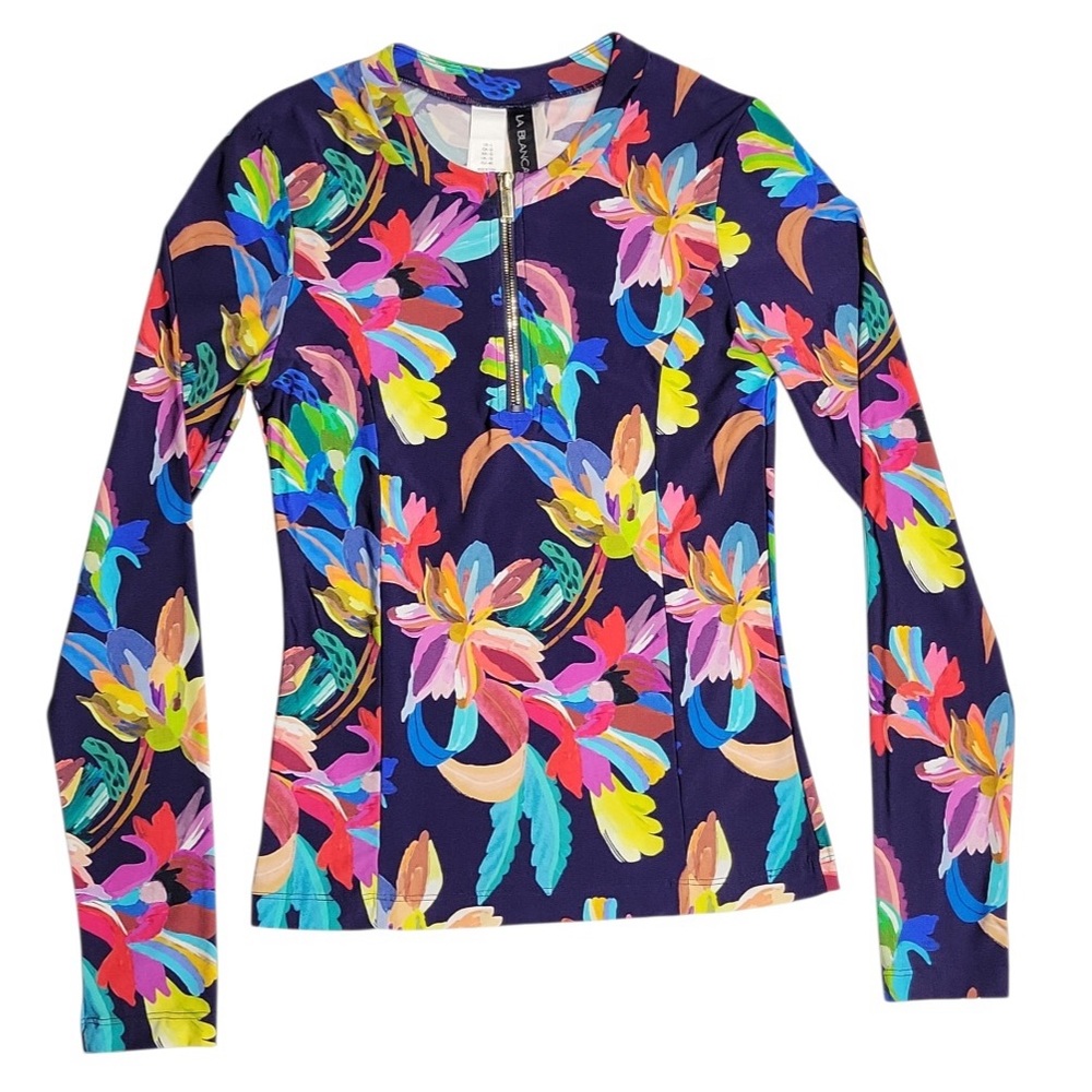 La Blanca Paradise Long Sleeve Half Zip Rashguard Floral Beach Wear Top Size L - Picture 2 of 11